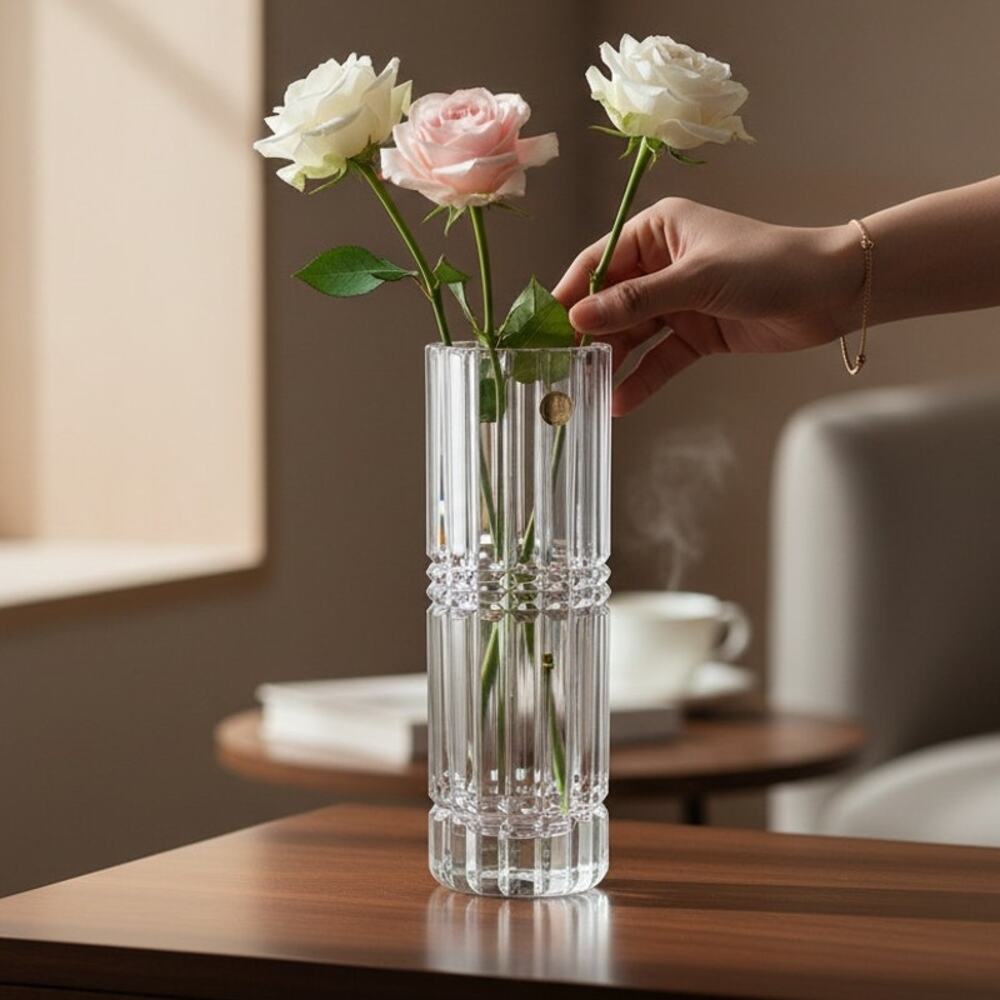 Vintage Vase Clear Cut Crystal Fluted Columnar Bud Vase Scalloped Rim 11 in Tall